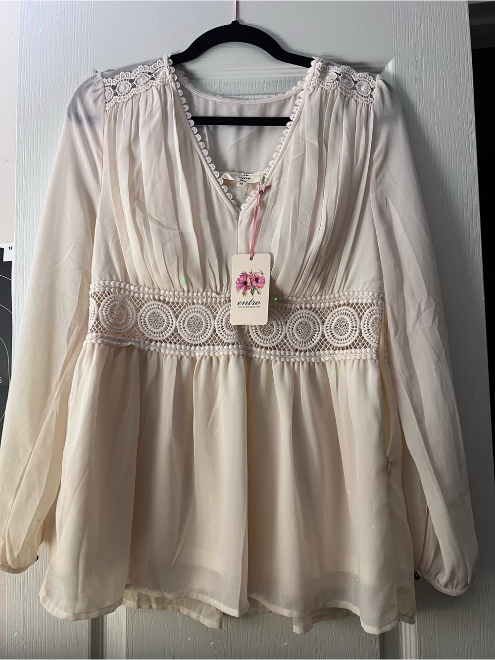 entro Cream Crochet-Waist Peasant Top